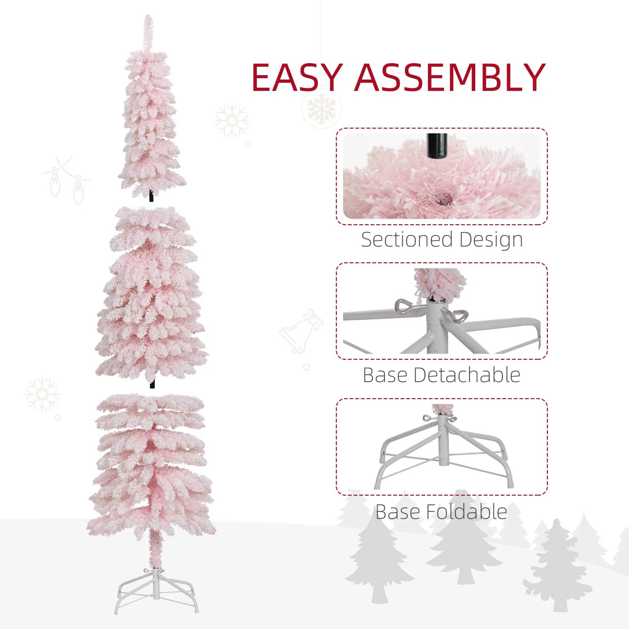 7ft Snow-Flocked Slim Pencil Christmas Tree, 490 Branches, Metal Base, Pink Flocked Christmas Trees at Gallery Canada