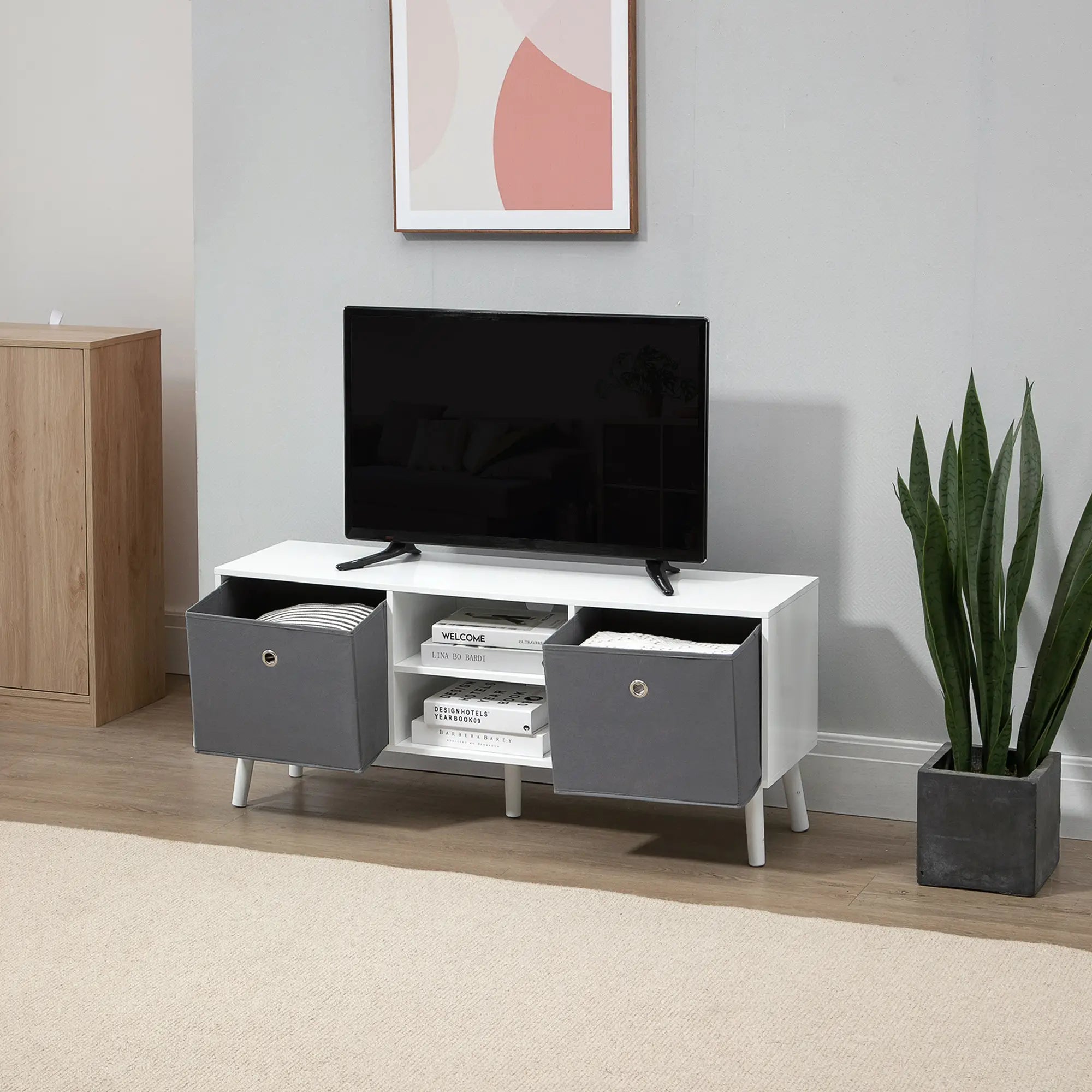 Modern TV Stand with Foldable Drawers, Shelves, White TV Stands at Gallery Canada