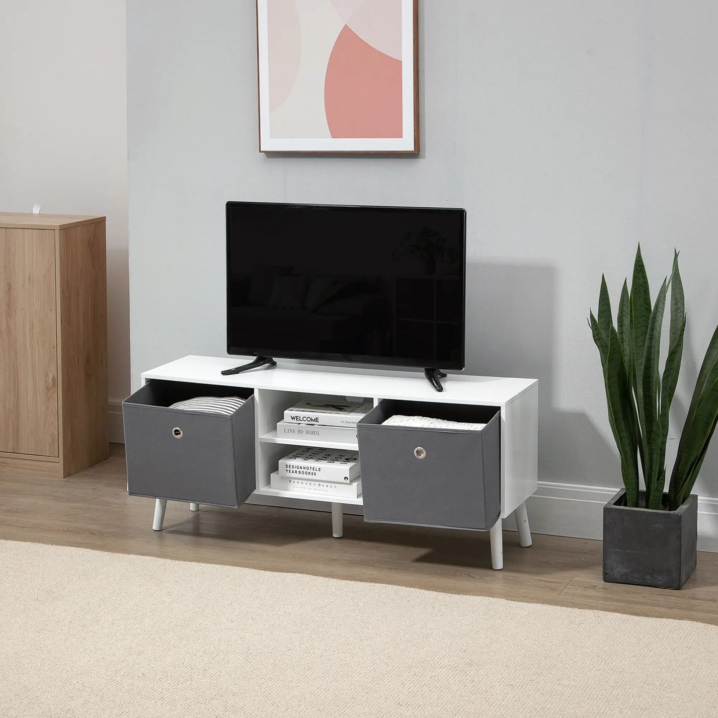 Modern TV Stand with Foldable Drawers, Shelves, White TV Stands at Gallery Canada