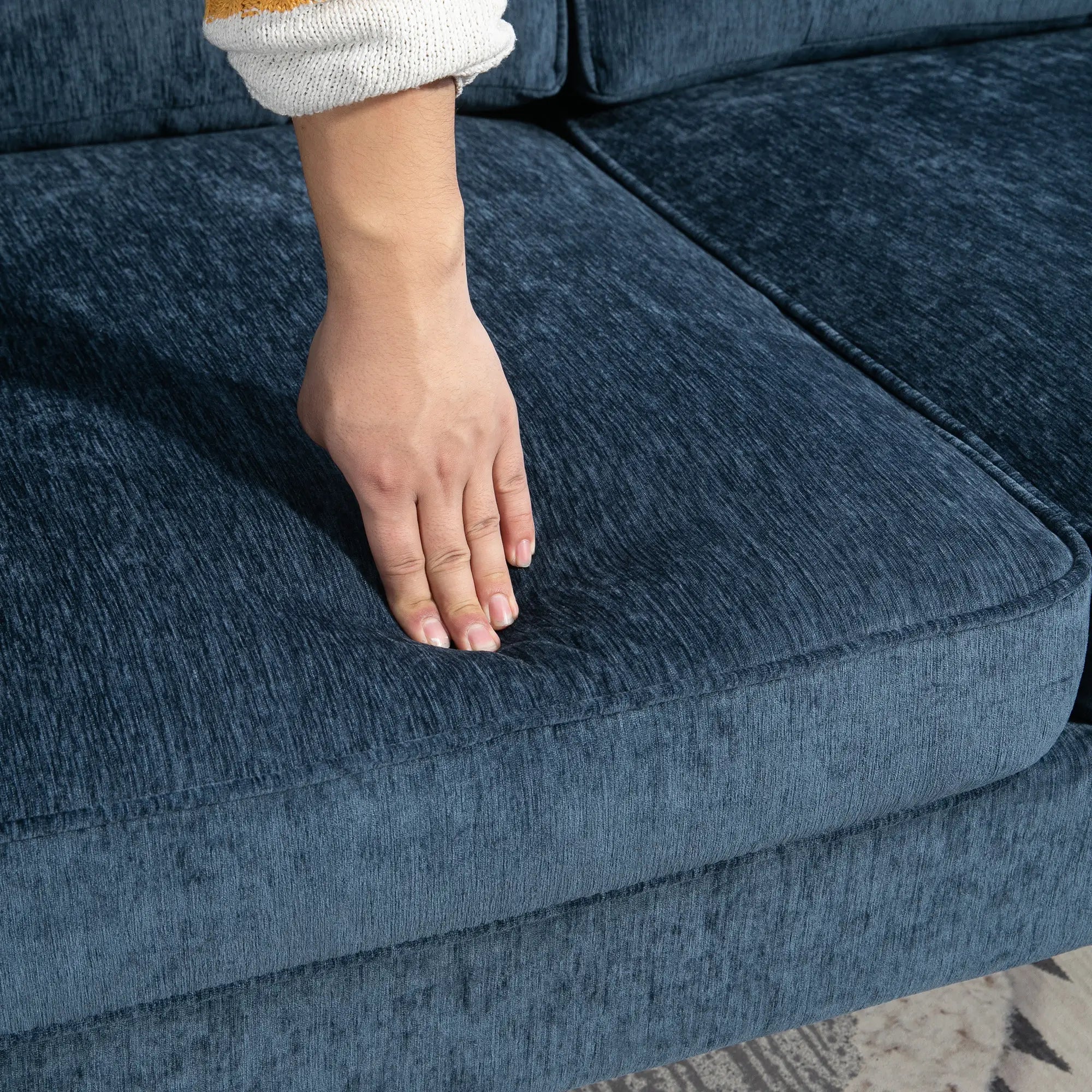 Modern Corner Couch, Right Chaise Lounge, Tufted 3-Seater Sofa, Wooden Legs, Navy Blue 3-Seater Sofas at Gallery Canada