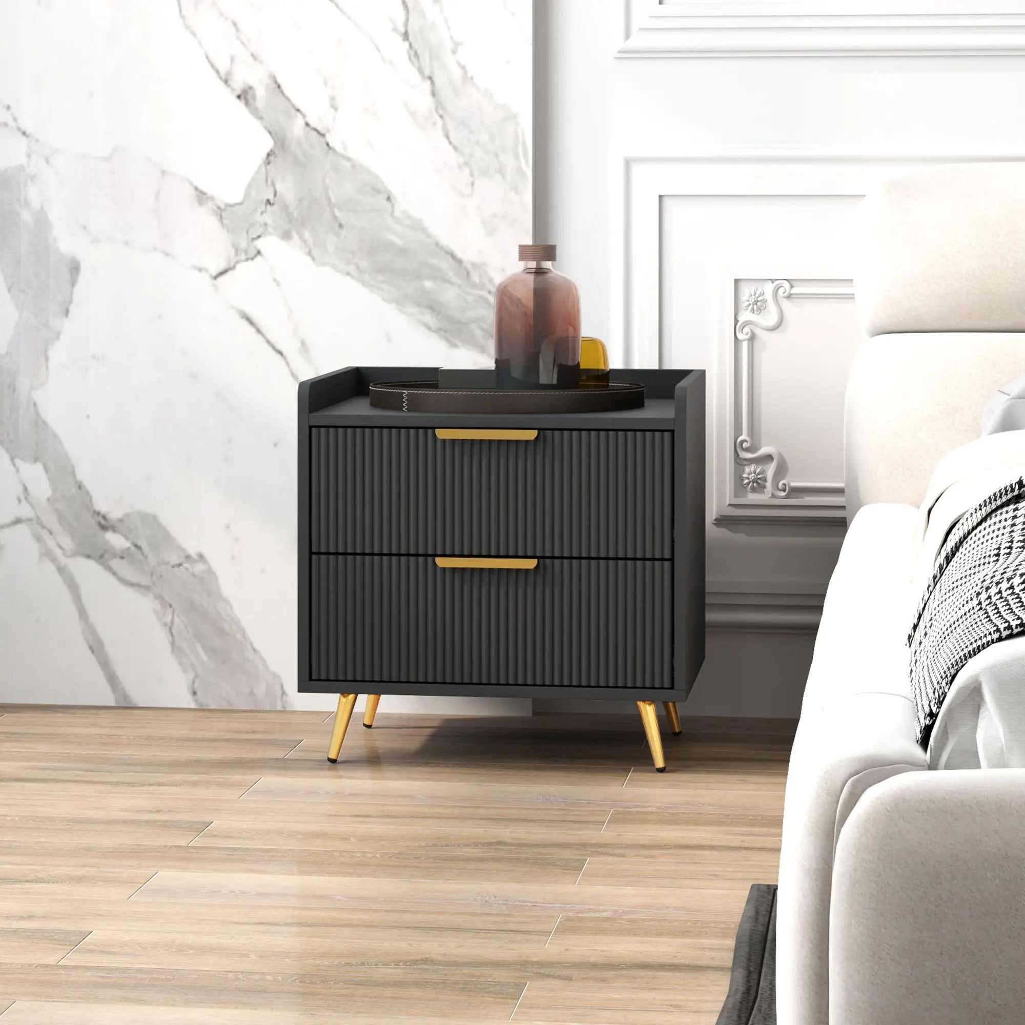 Black Bedside Table, Nightstand with 2 Drawers, Metal Legs, Black Bedside Tables at Gallery Canada
