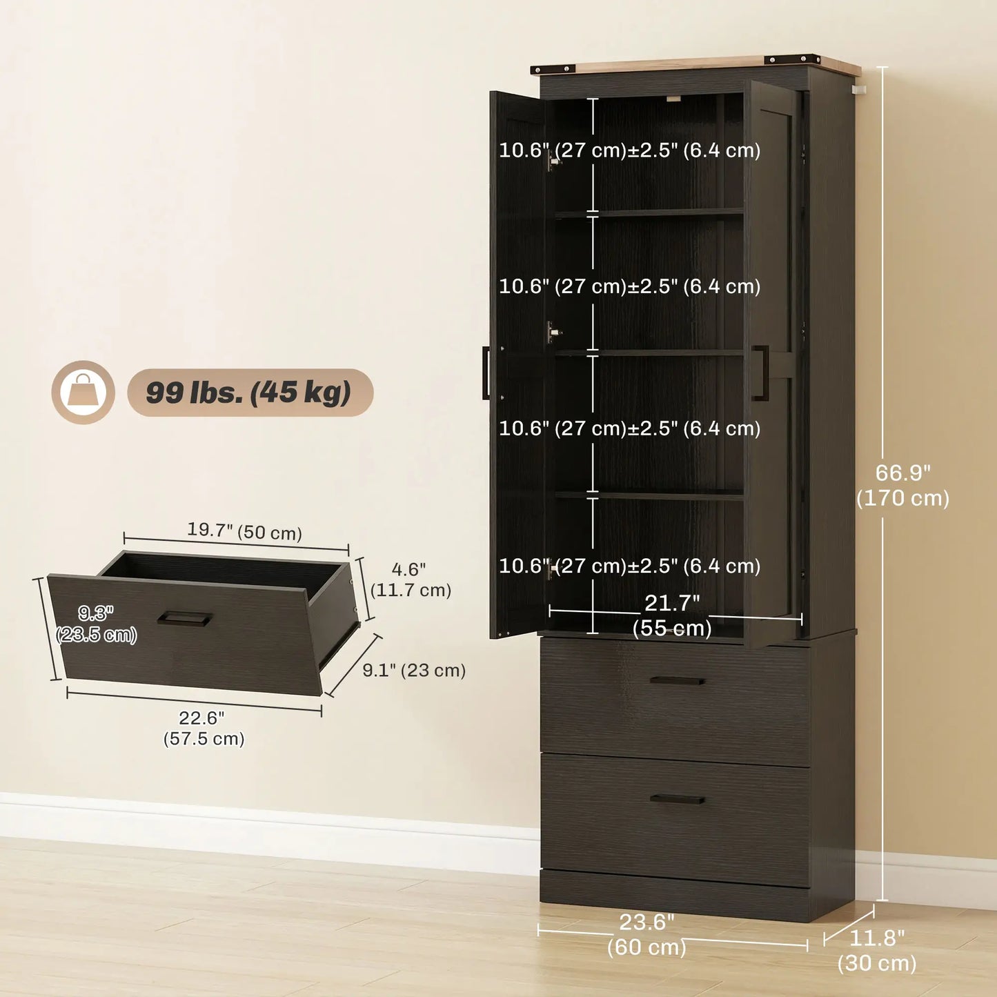 67" Tall Kitchen Pantry Cabinet With Doors, Drawers, Adjustable Shelves, Black Kitchen Pantry Cabinets at Gallery Canada