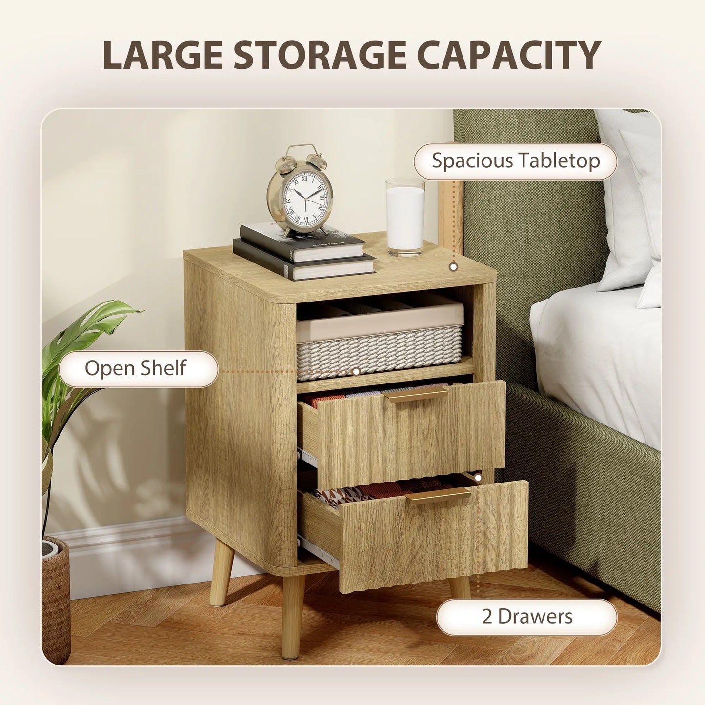 Modern Nightstands Set Of 2, Charging Station, 2 Drawers, Open Shelf, Oak Bedside Tables at Gallery Canada