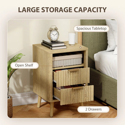 Modern Nightstands Set Of 2, Charging Station, 2 Drawers, Open Shelf, Oak Bedside Tables at Gallery Canada