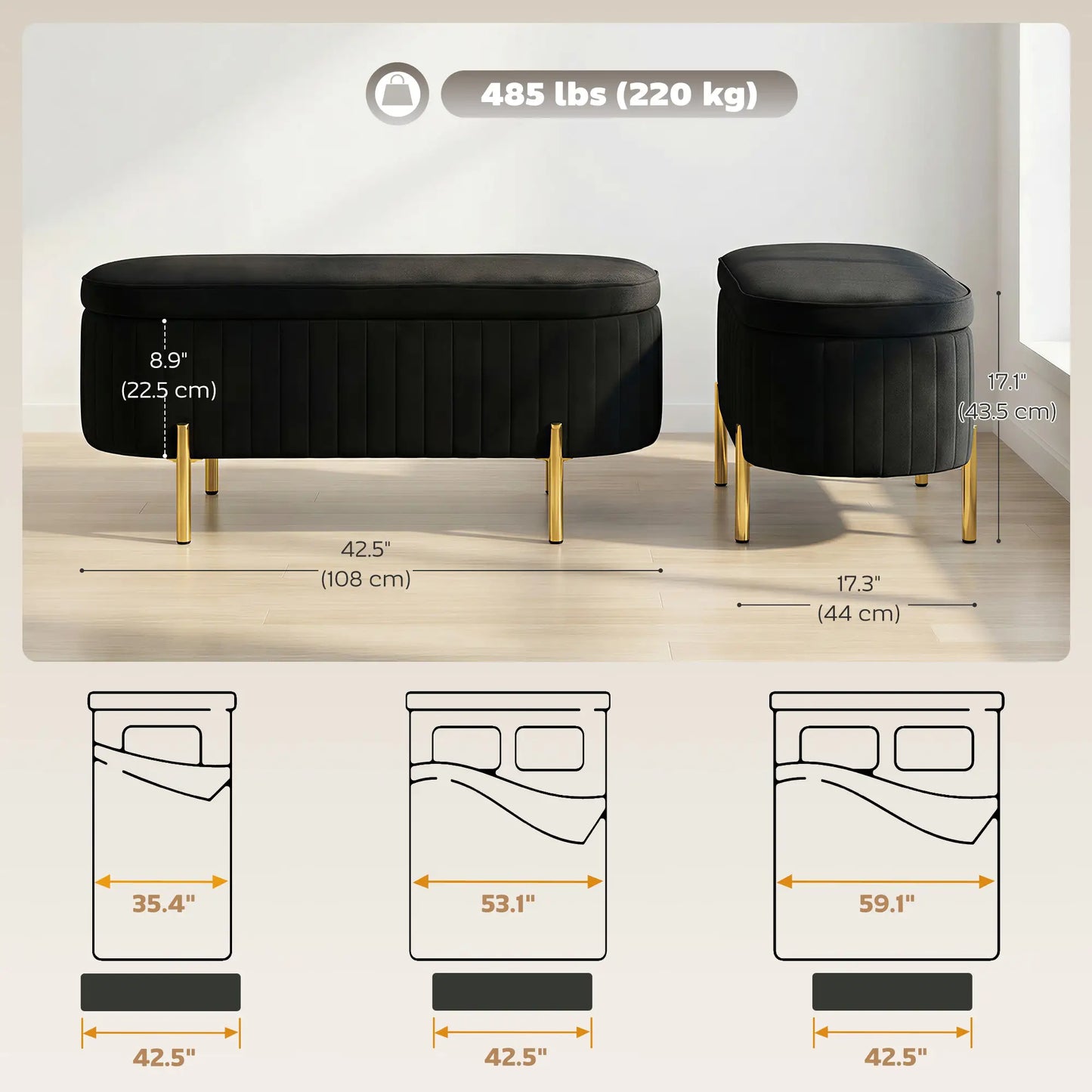 Upholstered Bedroom Bench, Channel Tufted Ottoman, Black Storage Ottomans & Benches at Gallery Canada