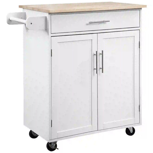 Mobile Kitchen Island Cart, Wooden Storage with Drawer, Towel Bar, White Kitchen Islands & Kitchen Carts White, Wood Grain Top at Gallery Canada