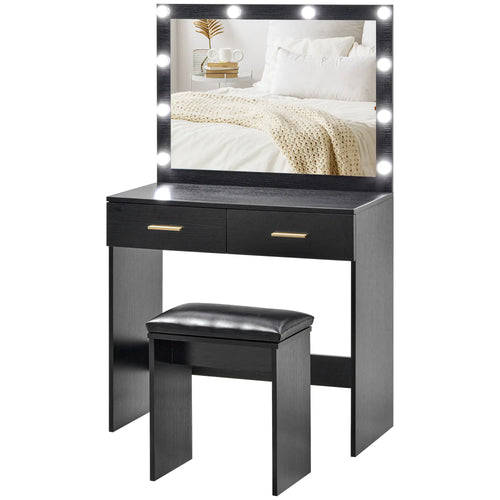 Makeup Vanity Desk Set with Stool, LED Mirror, Drawers, Black