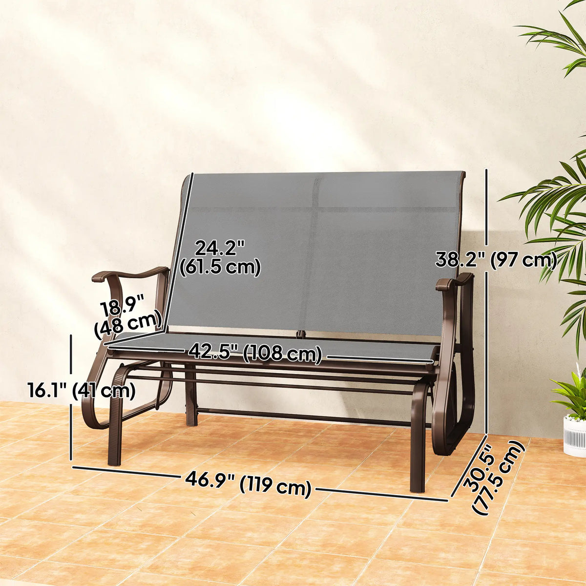 Double Gliding Chair, Patio Glider, Steel Frame, Light Grey