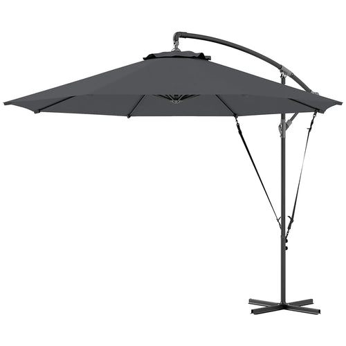 9.5' Cantilever Umbrella, Wind Protection, Crank, Cross Base, UPF 50+, Grey