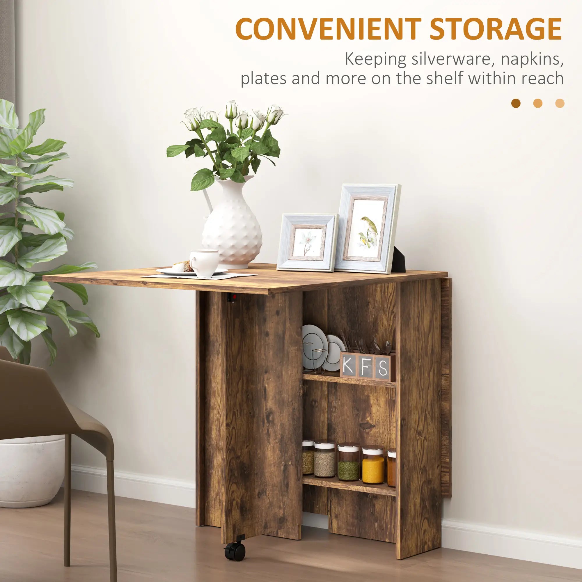 Extendable Dining Table, Collapsible w/ Shelves, Casters, Rustic Brown, Brown Dining Tables at Gallery Canada