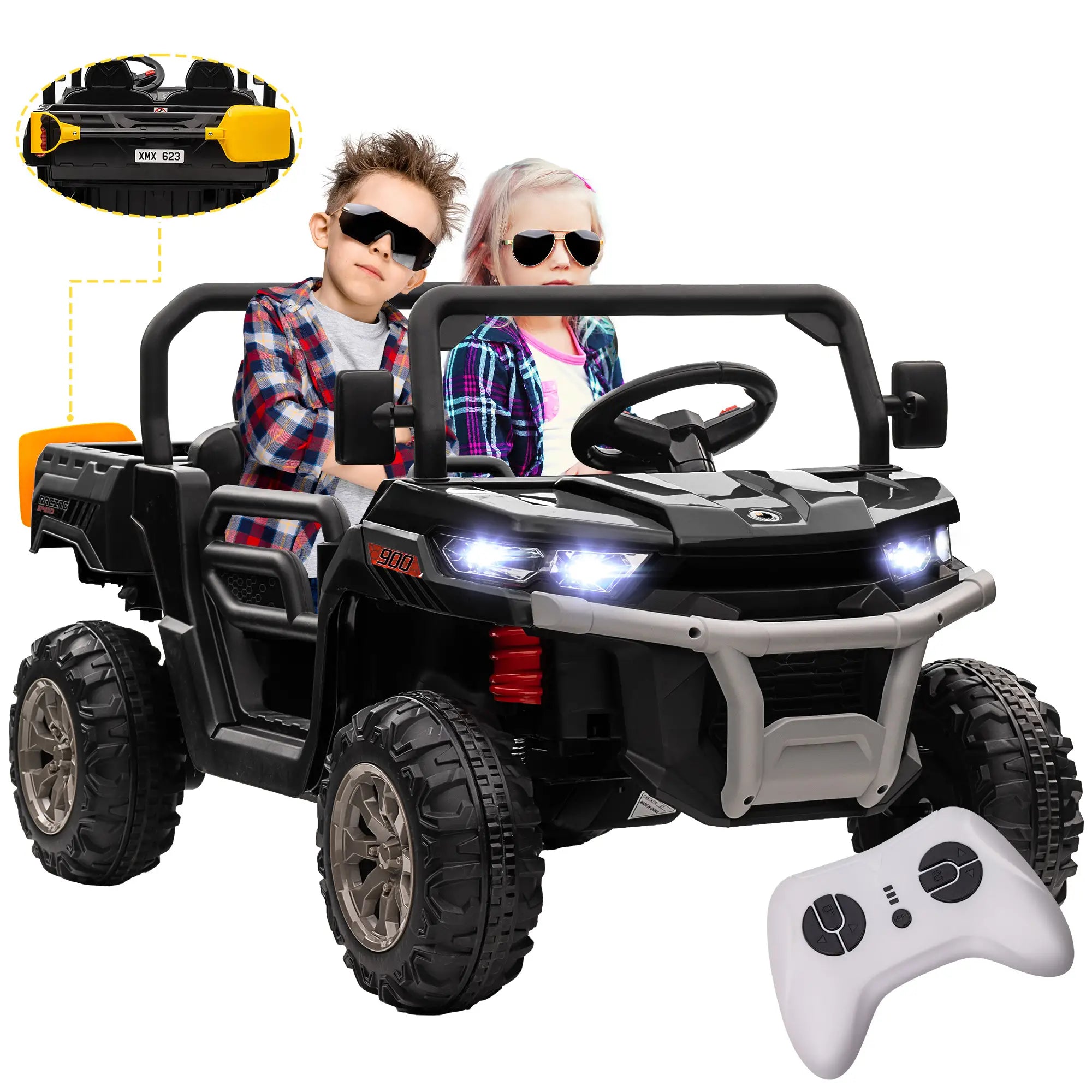 12V Ride On Car, Two-Seater, Electric Bucket, Shovel, Remote Control, Black Electric Toy Cars at Gallery Canada