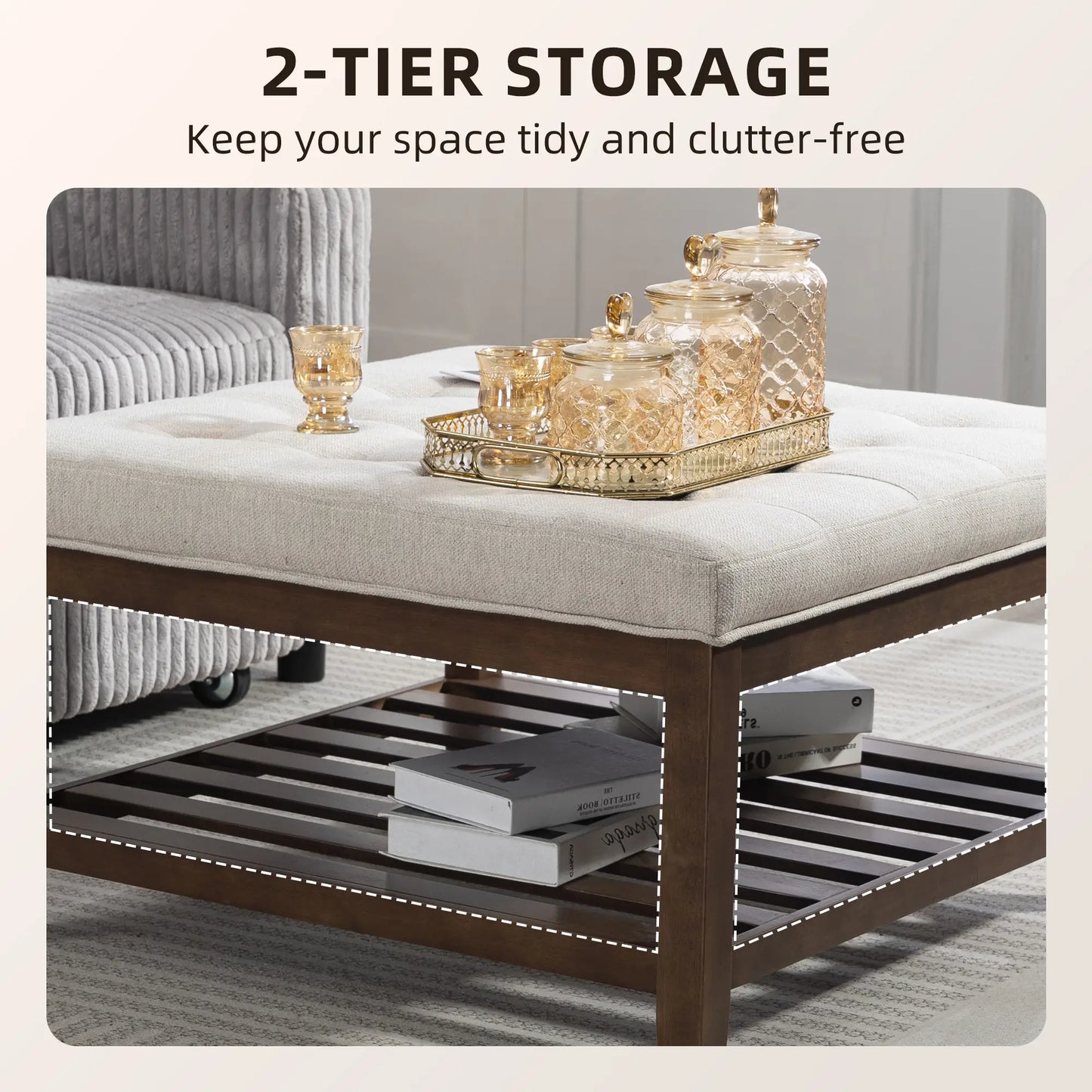 32 Inch Ottoman Coffee Table, Beige Linen Upholstered Storage Footstool, Beige Coffee Tables at Gallery Canada