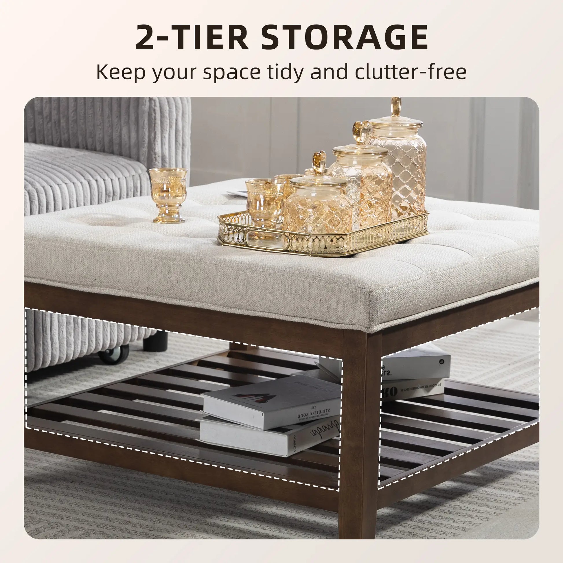 32 Inch Ottoman Coffee Table, Beige Linen Upholstered Storage Footstool, Beige Coffee Tables at Gallery Canada