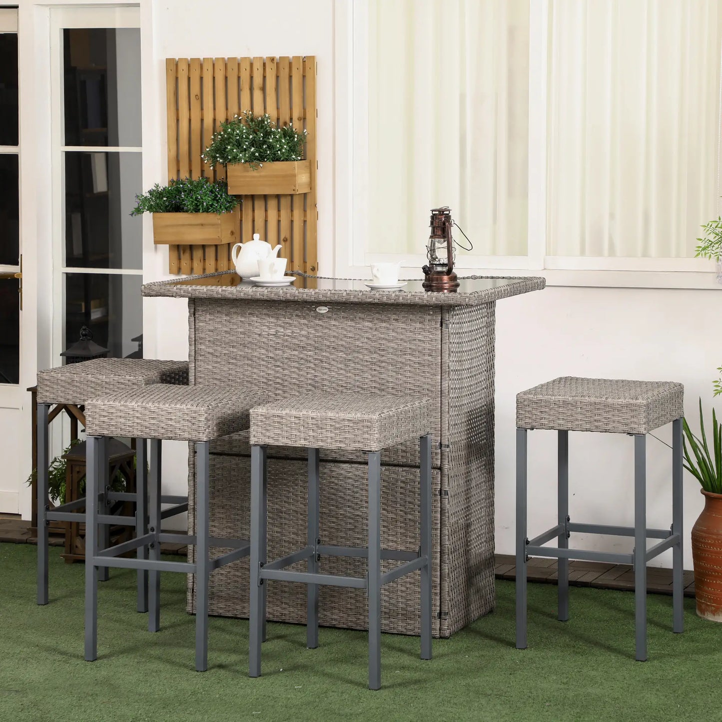 5 Pcs Patio Bar Set, Outdoor PE Rattan Wicker, 4 Chairs, Grey Bistro Sets at Gallery Canada