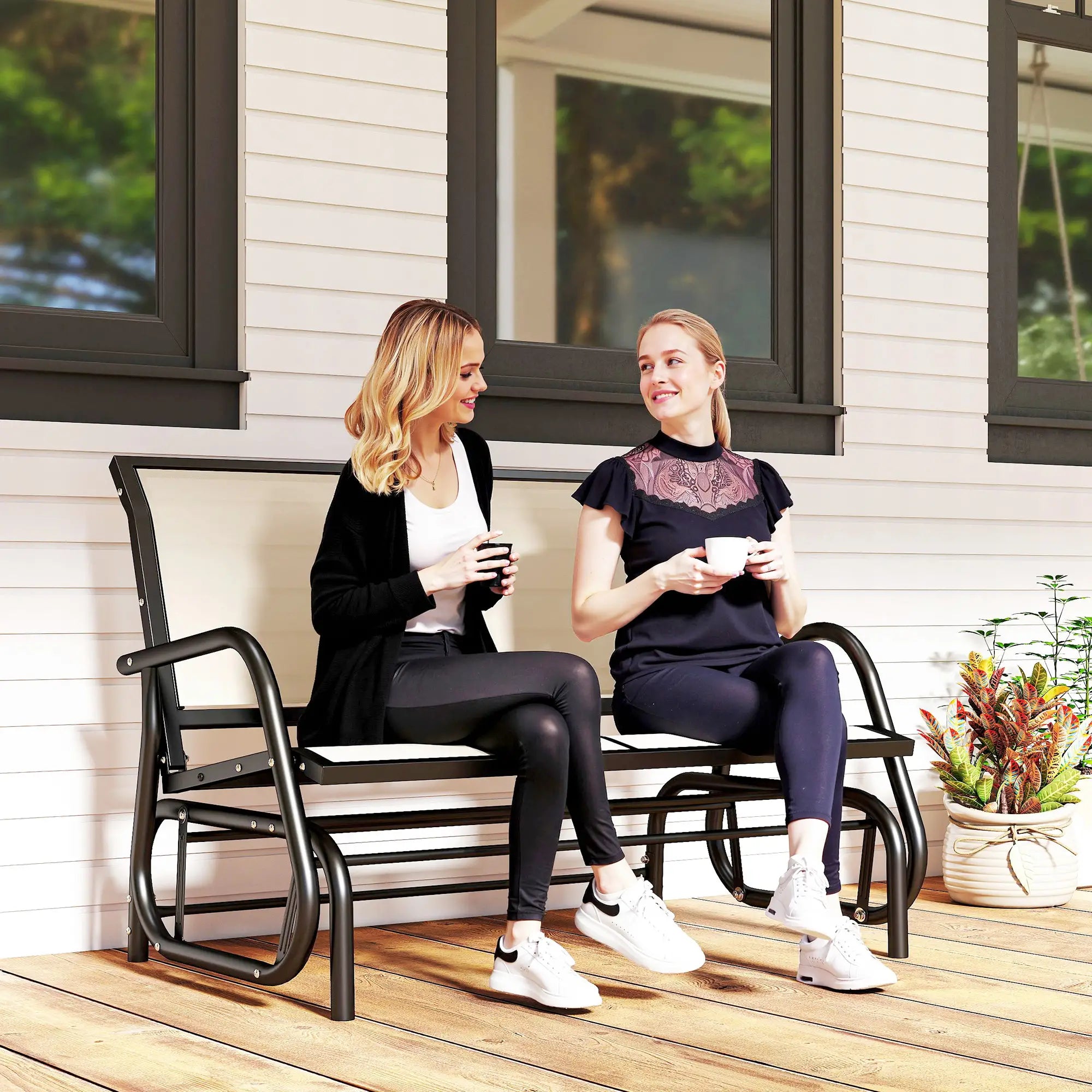 Outdoor Steel Sling Glider Bench, Fabric Swing Chair, Cream Outdoor Gliders at Gallery Canada