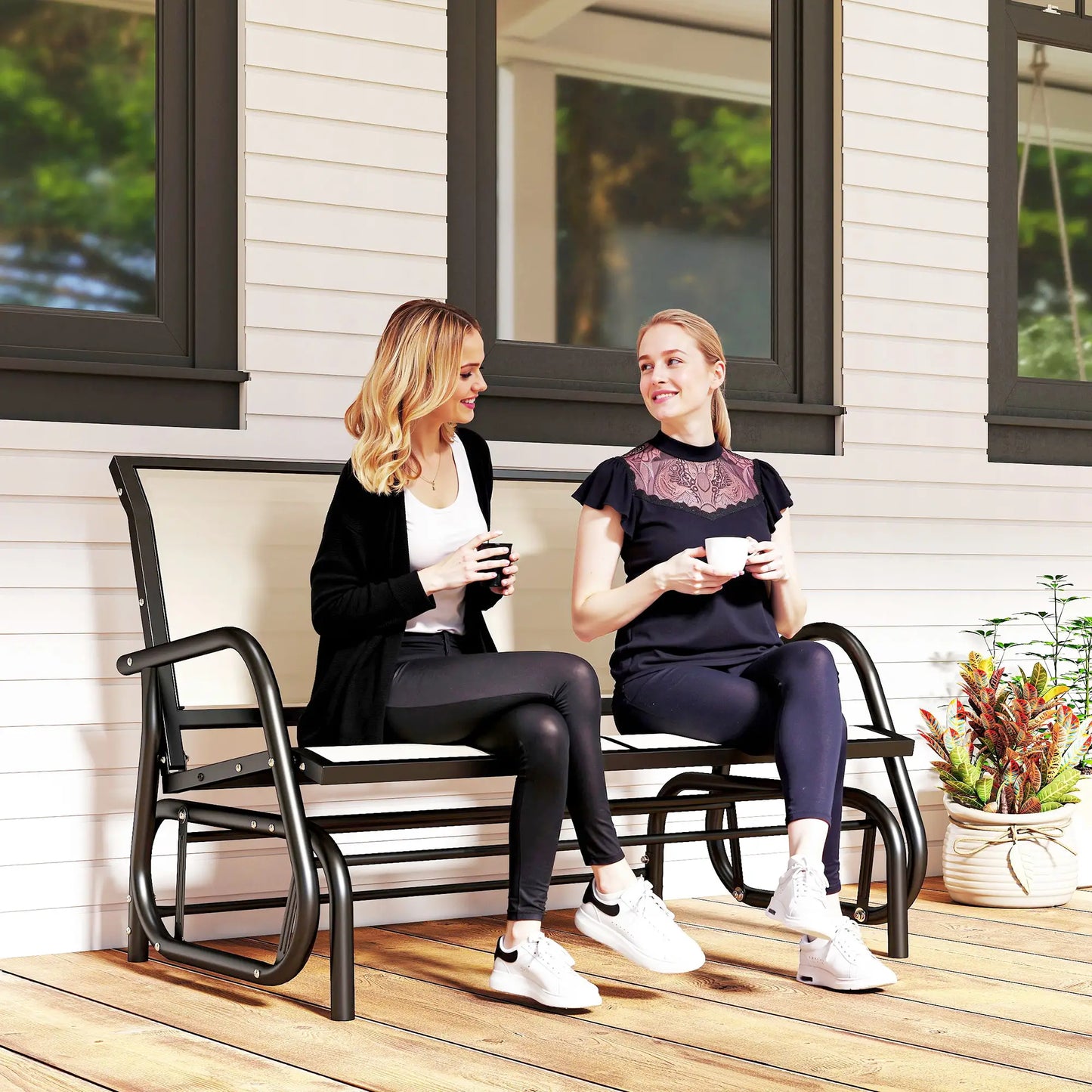 Outdoor Steel Sling Glider Bench, Fabric Swing Chair, Cream Outdoor Gliders at Gallery Canada