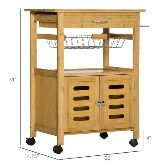 Rolling Kitchen Island Cart, Utility Bamboo Storage Rack, Serving Cart with Drawer, Wire Basket and Cabinet for Dining Room, Natural - Gallery Canada