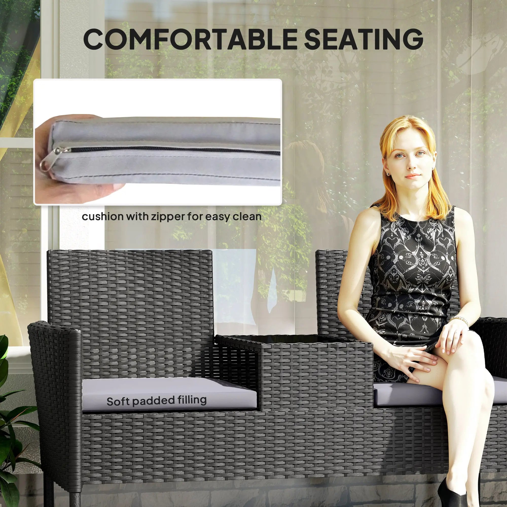 PE Rattan Loveseat with Cushion, Mid-Table, Light Grey Patio Chairs at Gallery Canada