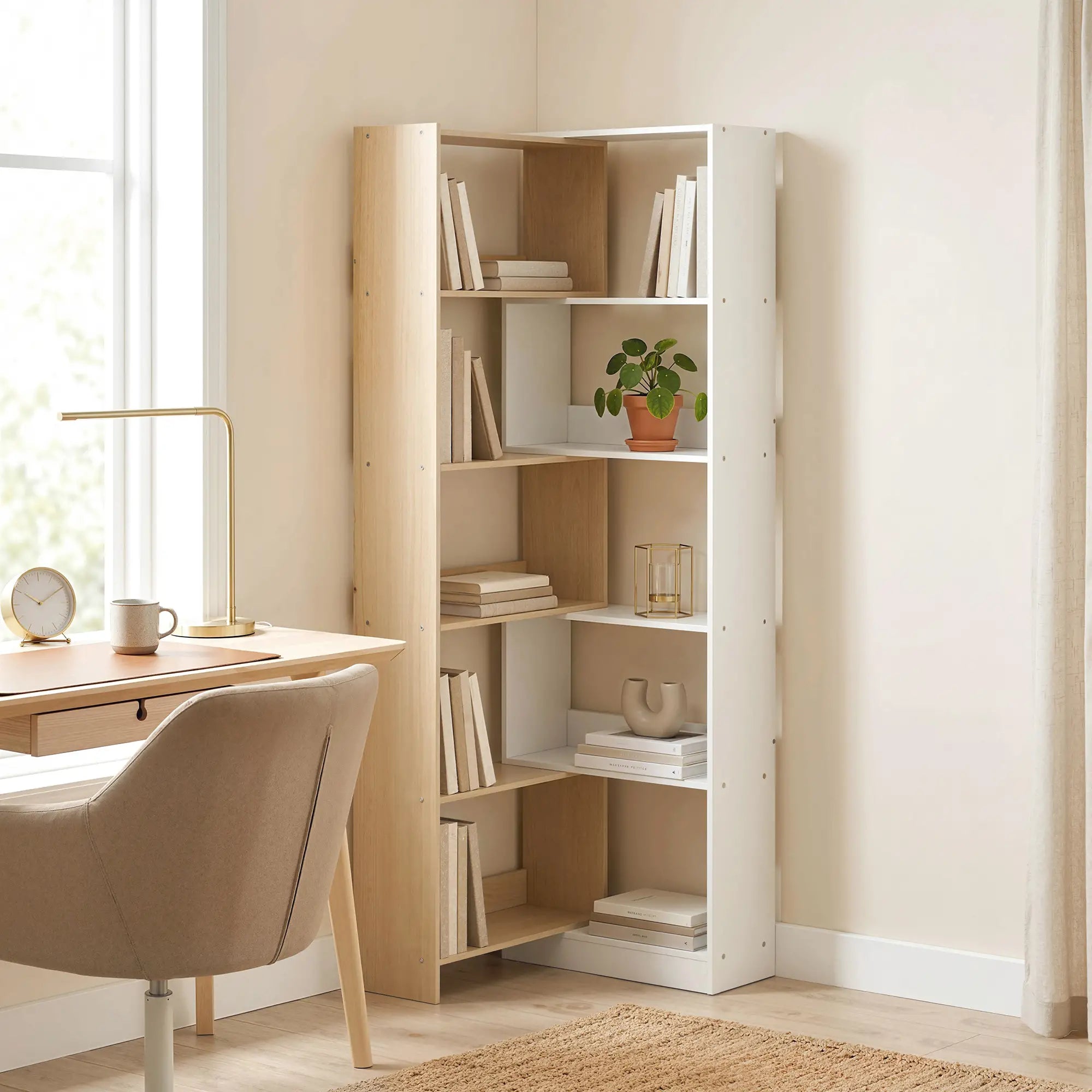 Corner Bookshelf, 5-Tier L-Shaped Bookcase with 350° Rotating Design, Two-Tone Design, Fruitwood/White Display Bookshelves at Gallery Canada