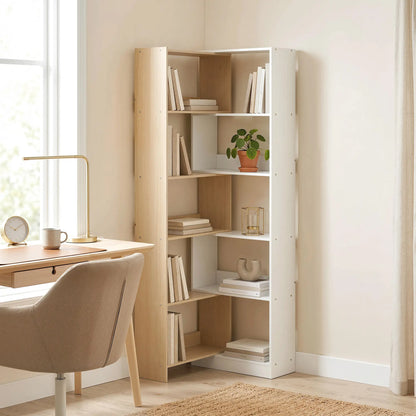 Corner Bookshelf, 5-Tier L-Shaped Bookcase with 350° Rotating Design, Two-Tone Design, Fruitwood/White Display Bookshelves at Gallery Canada