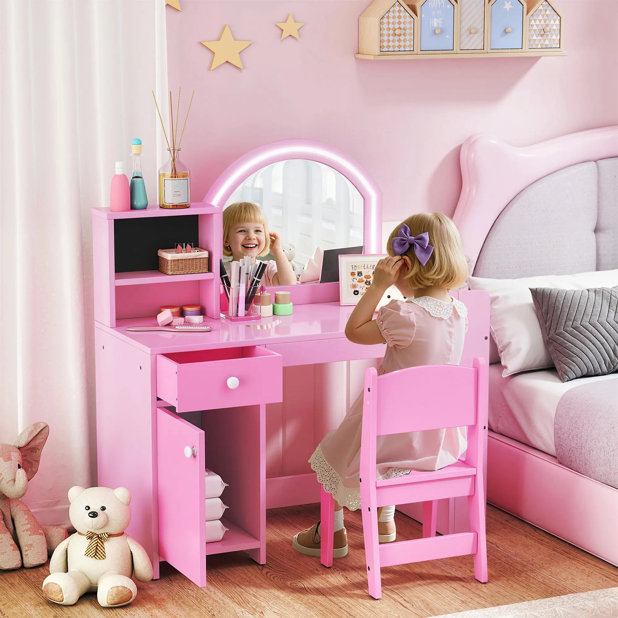 Kids Vanity Set, Toddler Dressing Table and Chair, Lighted Mirror, Pink Toy Vanity at Gallery Canada