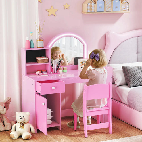 Kids Vanity Set, Toddler Dressing Table and Chair, Lighted Mirror, Pink