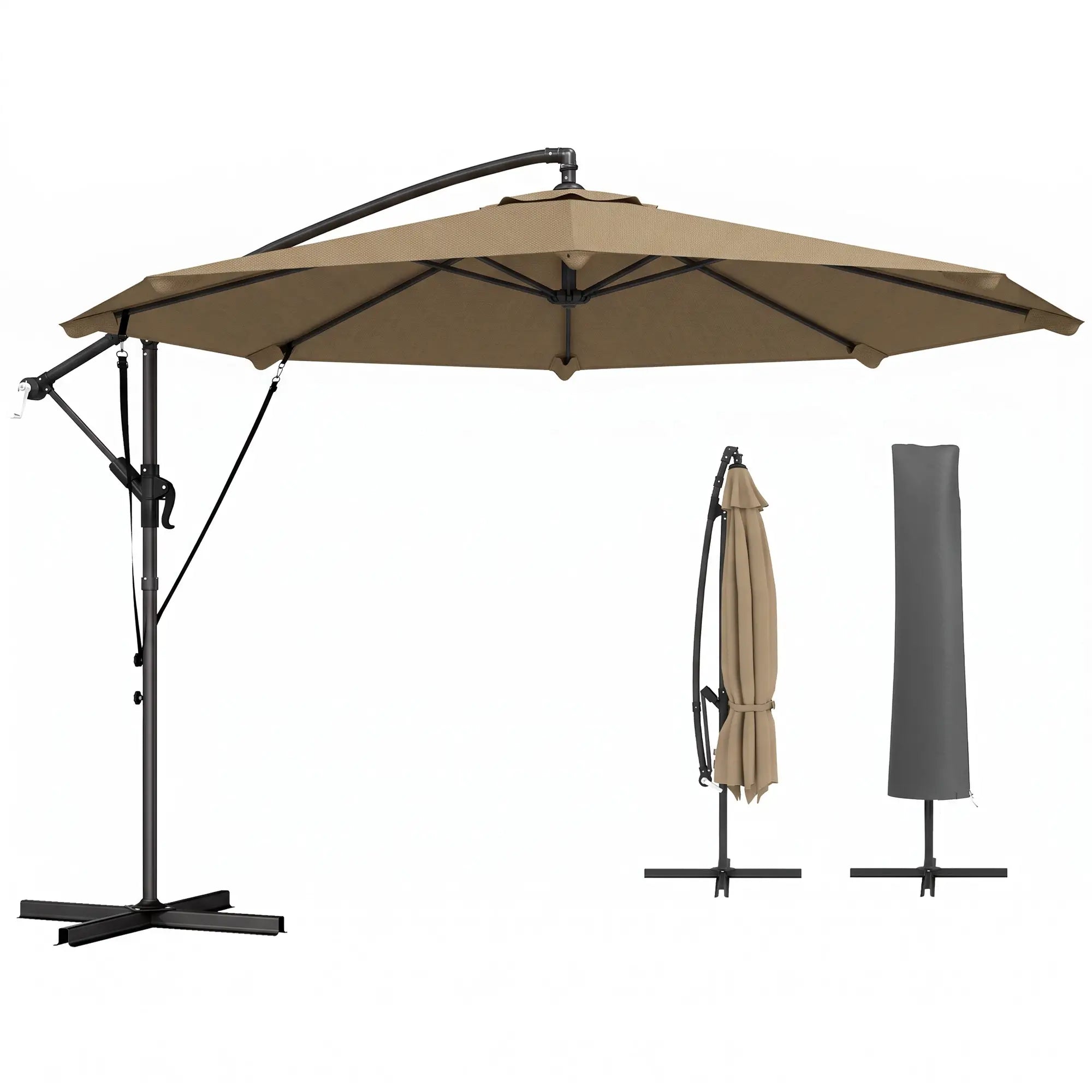 10FT Cantilever Patio Umbrella, 8 Ribs With Cover, Wind Ropes, Khaki Offset Cantilever Umbrellas Khaki, Black at Gallery Canada