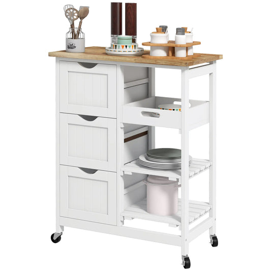 Kitchen Cart on Wheels, Wood Top, 3 Drawers, Shelves, Dining Kitchen Islands & Kitchen Carts White at Gallery Canada
