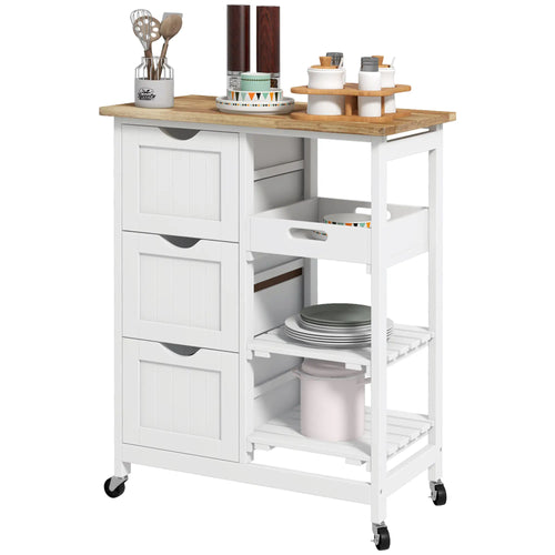 Kitchen Cart on Wheels, Wood Top, 3 Drawers, Shelves, Dining