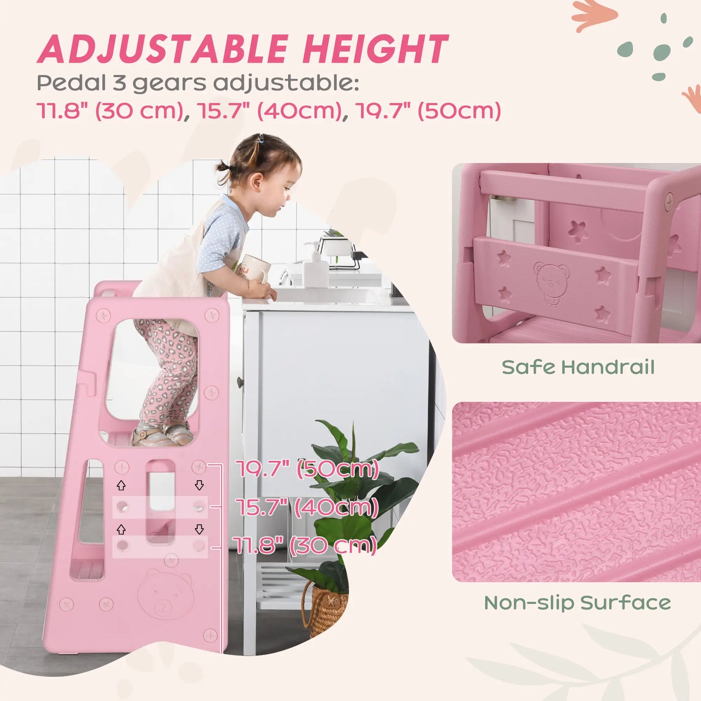 Toddler Kitchen Helper 2 Step Stool, Adjustable Height, Safety Rail, Pink Toddler & Kids Step Stools at Gallery Canada