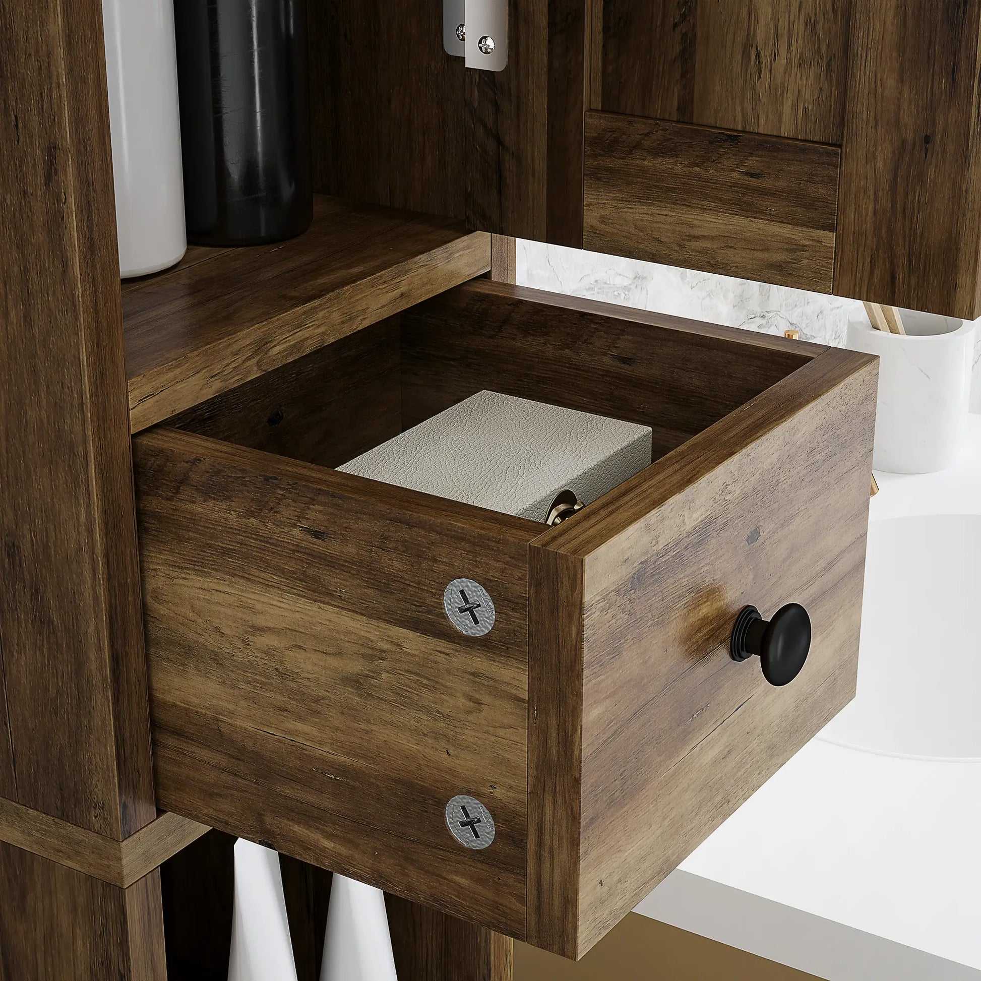 Narrow Bathroom Cabinet, Tall Storage with Barn Doors, Drawer, Adjustable Shelves, Wood Grain, Brown Bathroom Cabinets at Gallery Canada