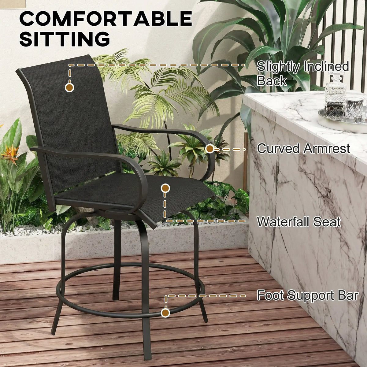 Outdoor Bar Stools Set Of 2, 27.6" x 28.7" x 48.4", Swivel Chairs, Black Bistro Sets at Gallery Canada