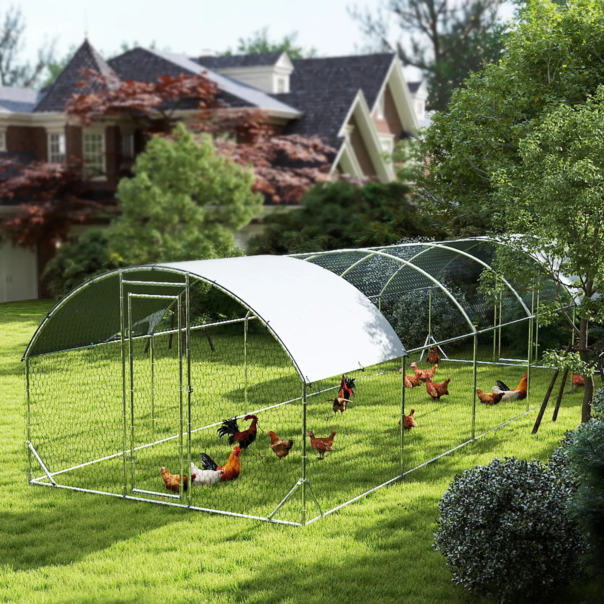 Galvanized Metal Chicken Coop Walk-in Enclosure, 9.2' × 31.2' × 6.4', Silver Chicken Coops at Gallery Canada