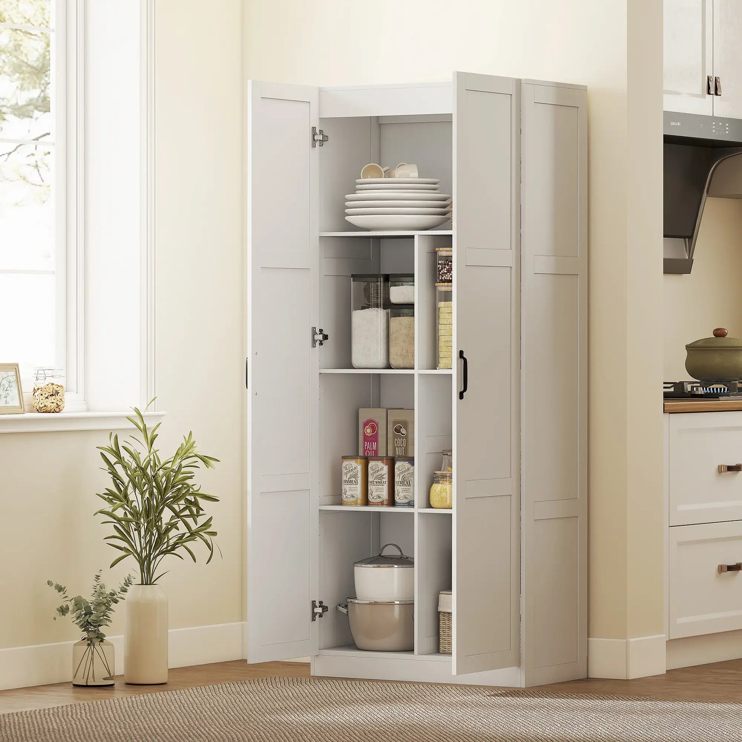 Farmhouse Pantry Cabinet, 71" Tall, Adjustable Shelves, Soft-Close Hinges, White Kitchen Pantry Cabinets at Gallery Canada