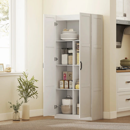 Farmhouse Pantry Cabinet, 71" Tall, Adjustable Shelves, Soft-Close Hinges, White Kitchen Pantry Cabinets at Gallery Canada