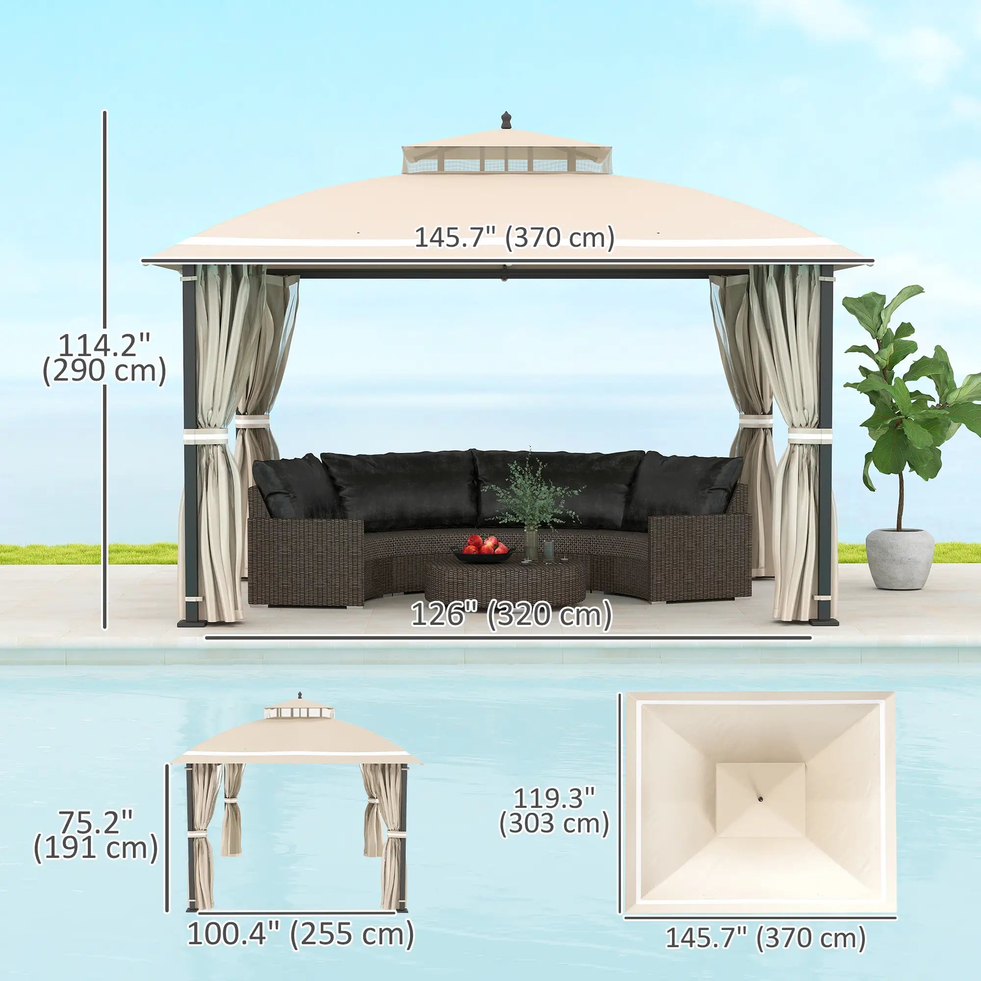 10' x 12' Outdoor Gazebo, Double Roof with Netting, Curtains Gazebos at Gallery Canada
