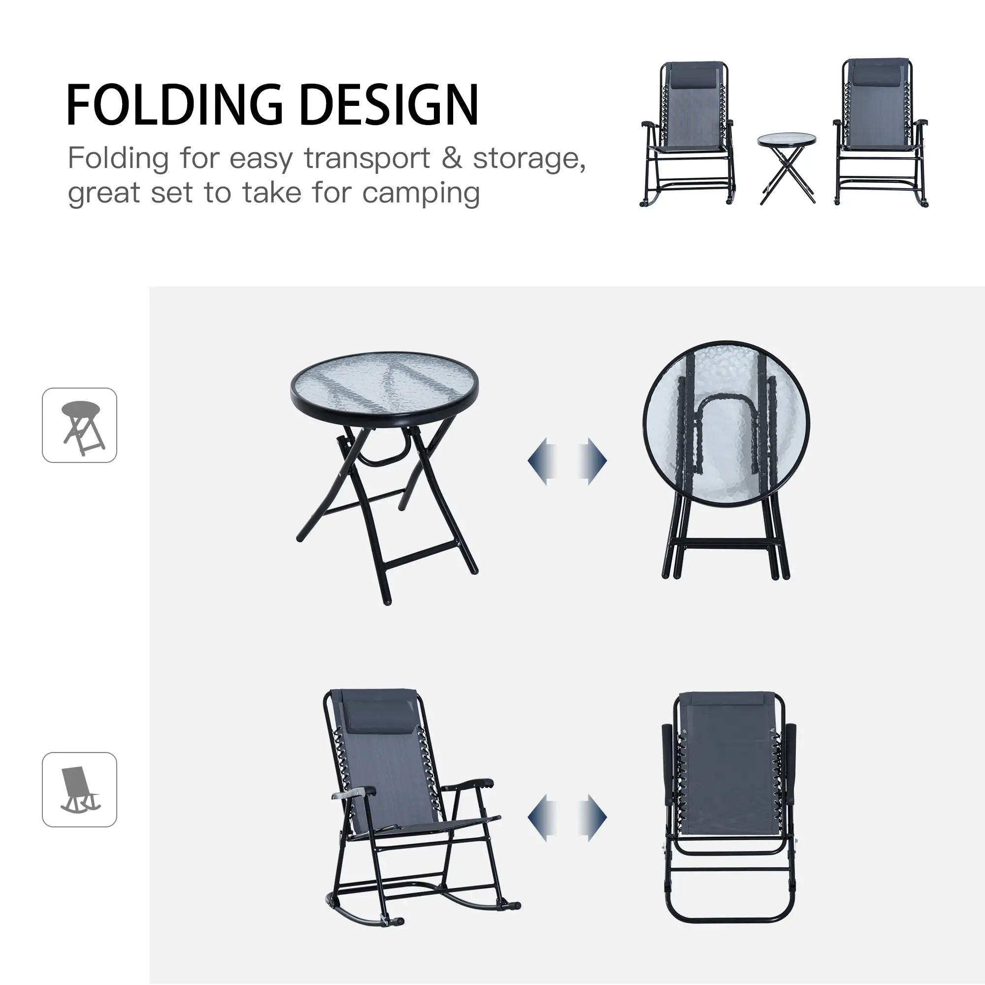 3pc Patio Rocking Chair Set, Folding Outdoor Chairs, Table, Grey Outdoor Rocking Chairs at Gallery Canada