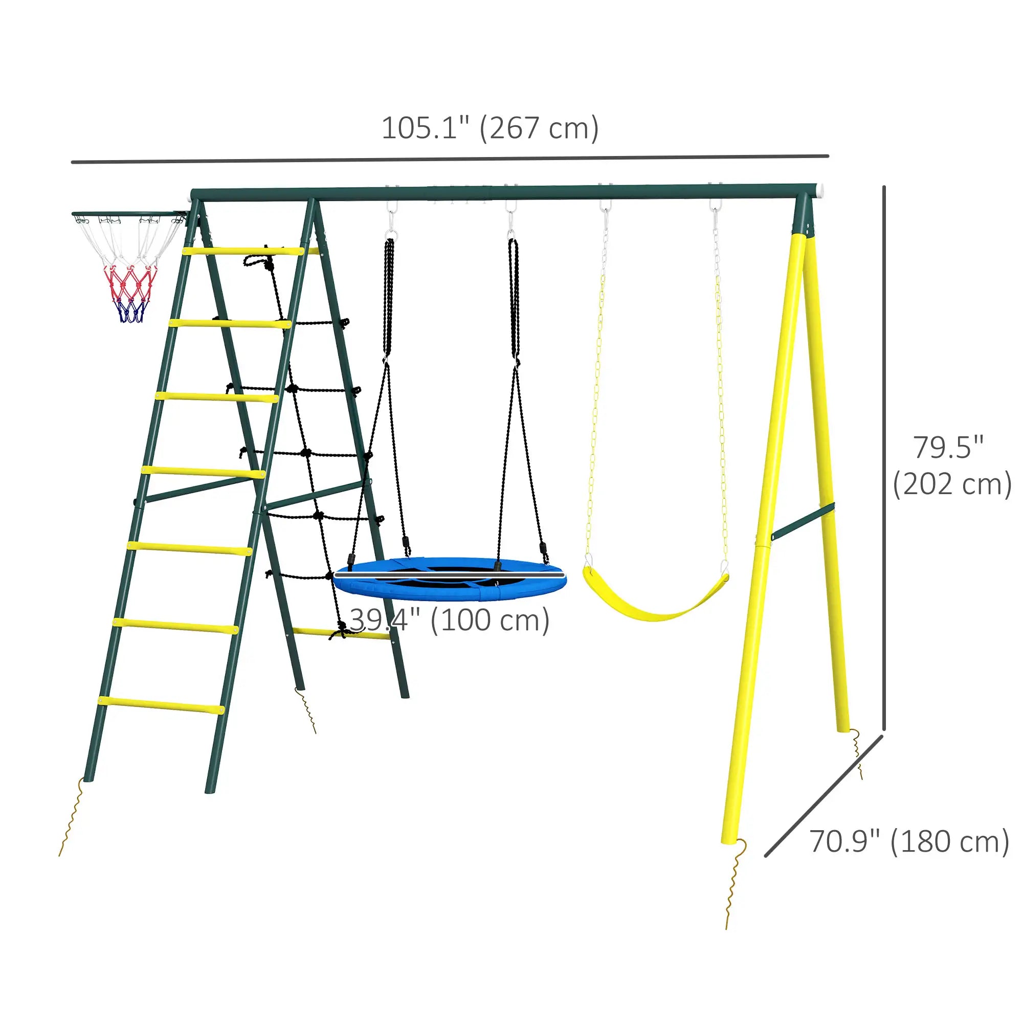 4 in 1 Swing Set, Saucer Swing, Seat, Ladder, Basketball Hoop, 3-8 Years, Yellow Gym Sets & Swings at Gallery Canada
