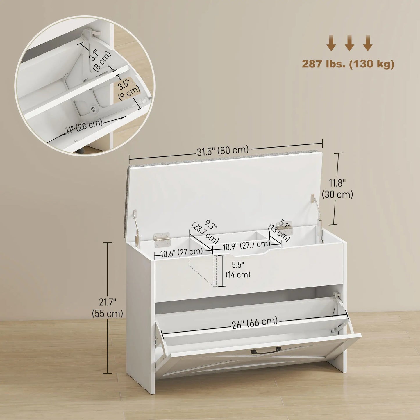 Shoe Storage Bench with Flip Drawer, Lift Top, Seat Cushion, White Shoe Storage Cabinets & Racks at Gallery Canada