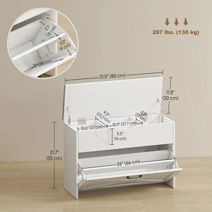 Shoe Storage Bench with Flip Drawer, Lift Top, Seat Cushion, White Shoe Storage Cabinets & Racks at Gallery Canada
