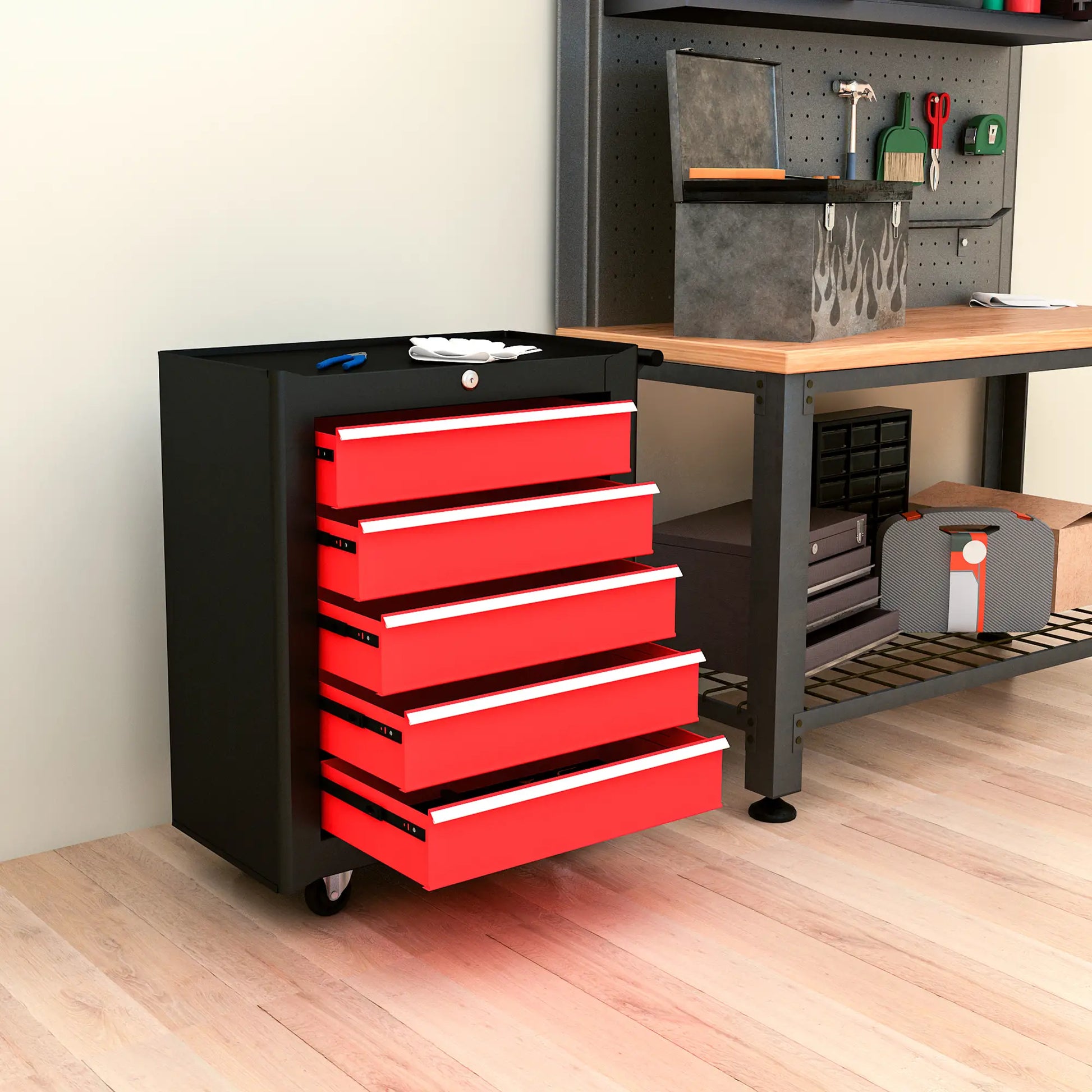 5 Drawer Roller Tool Chest, Lockable Toolbox, Storage Organizer, Black Red Tool Organizers at Gallery Canada