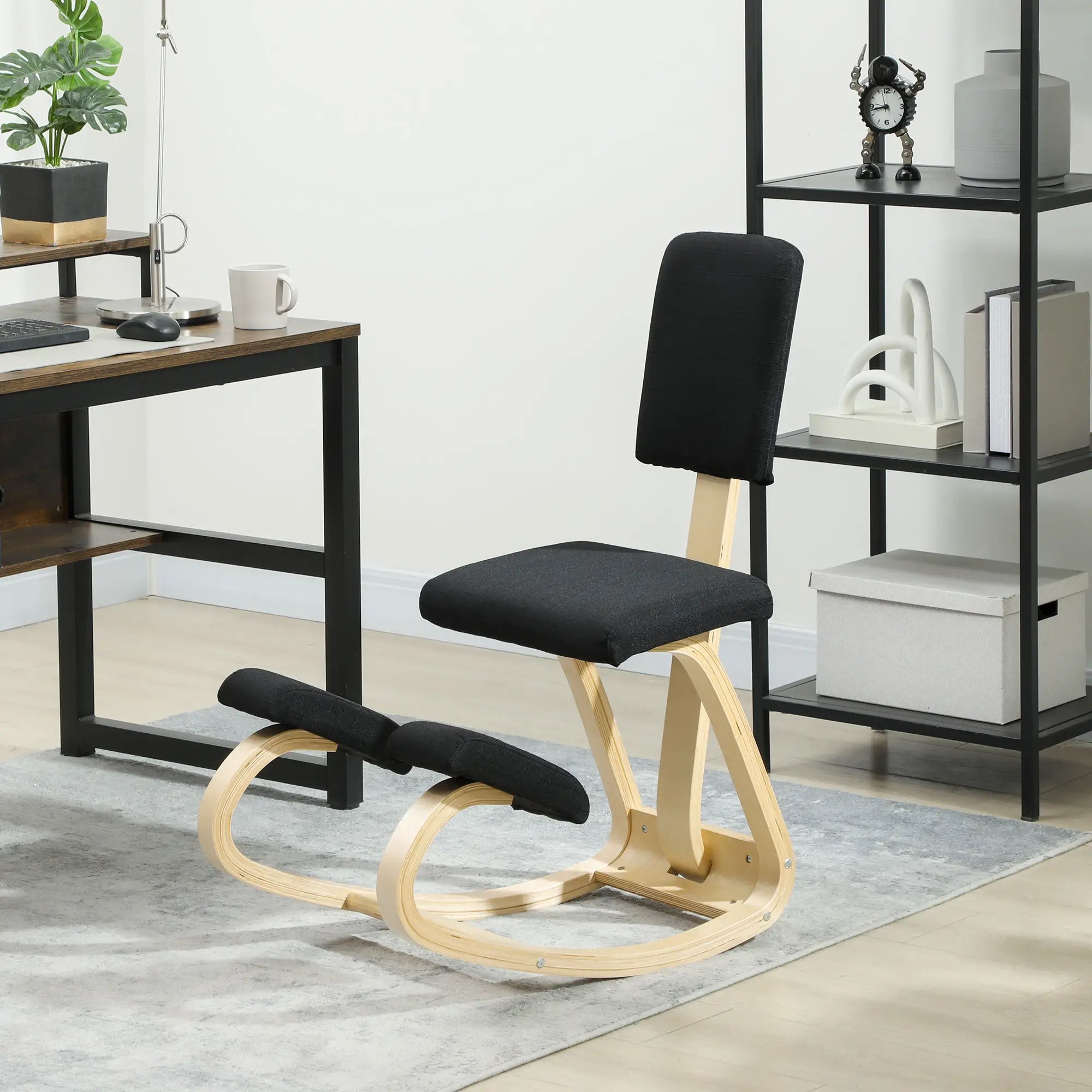 Ergonomic Kneeling Chair, Rocking Wood Stool with Backrest, Black Office Chairs at Gallery Canada