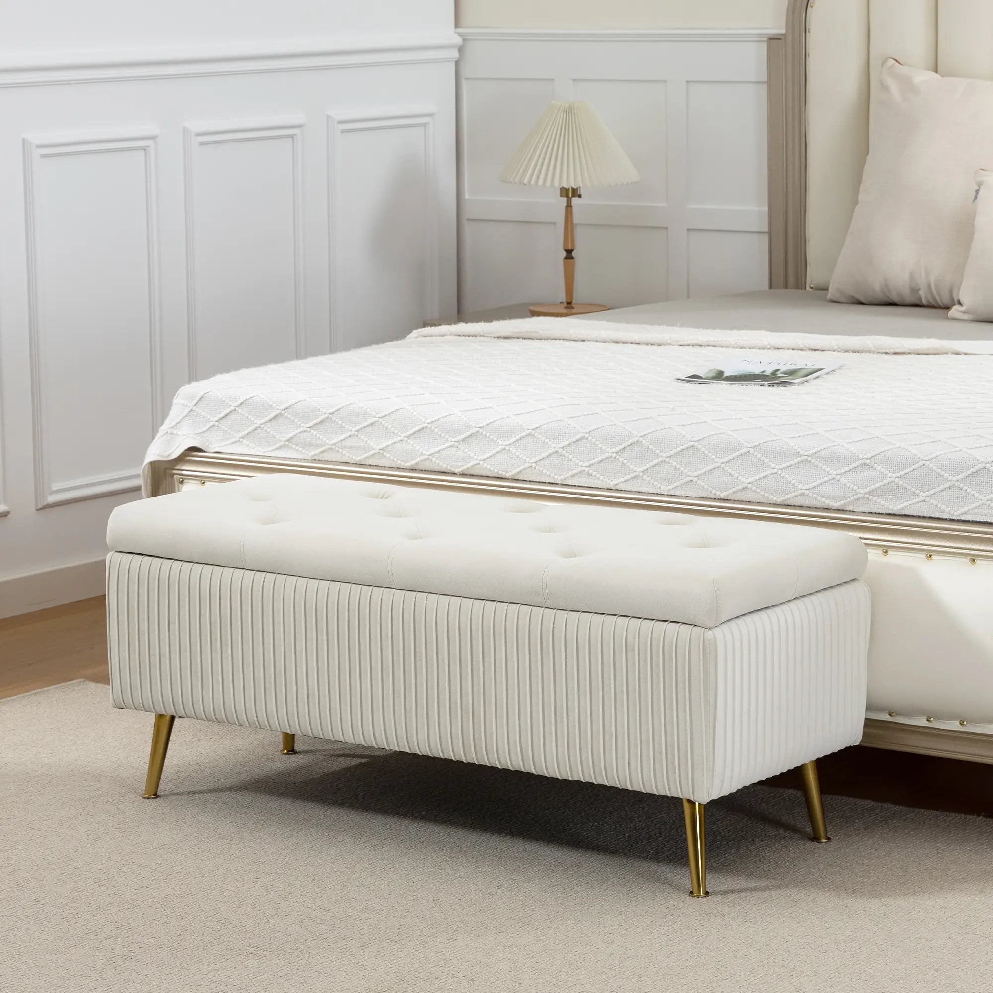 43 Inch Storage Ottoman Bench, Steel Legs, Padded Seat, Beige Storage Ottomans & Benches at Gallery Canada