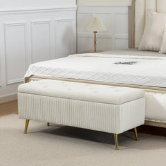 43 Inch Storage Ottoman Bench, Steel Legs, Padded Seat, Beige