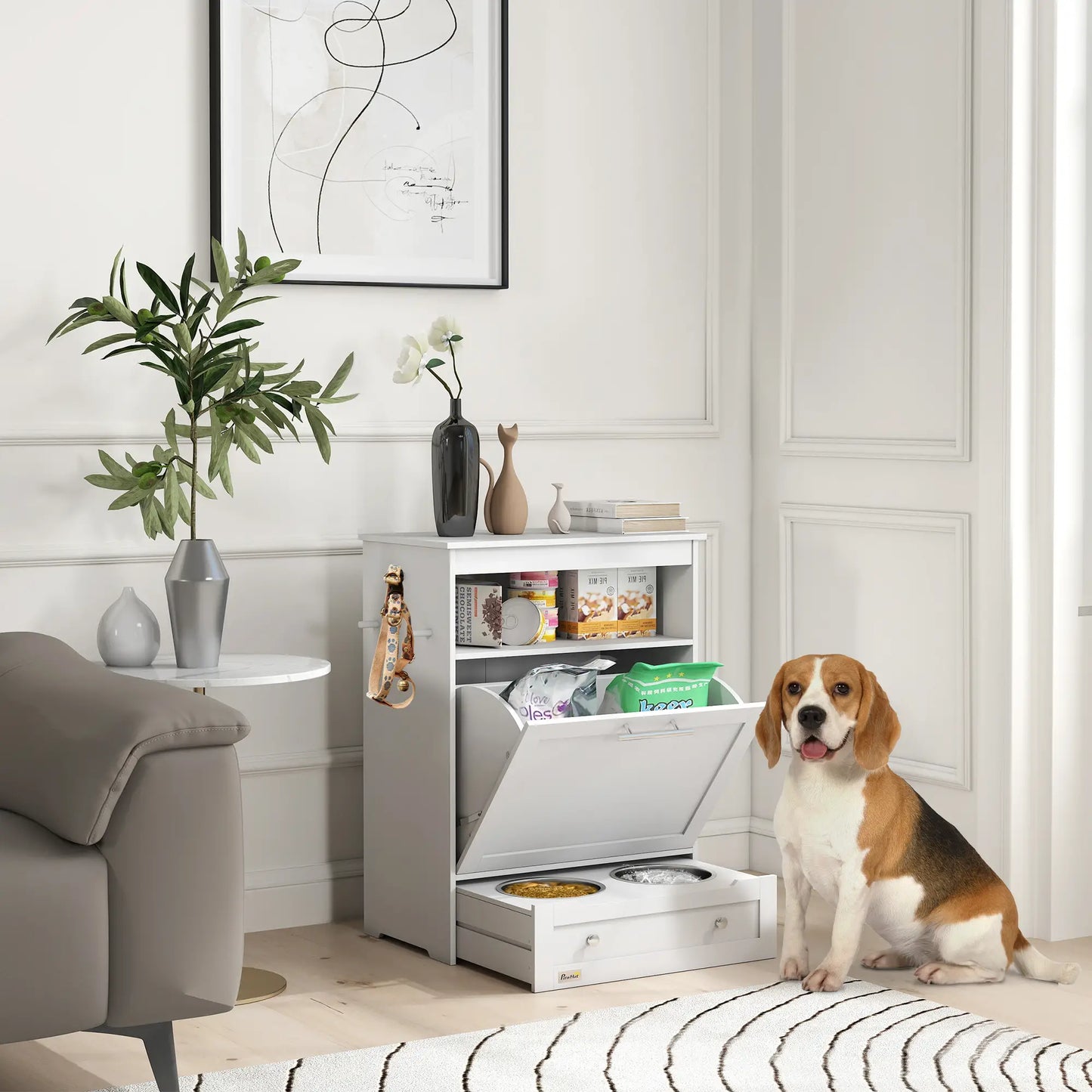 Pet Feeder Station, Dog Food Storage Cabinet with Bowls, Gray Dog Bowls at Gallery Canada