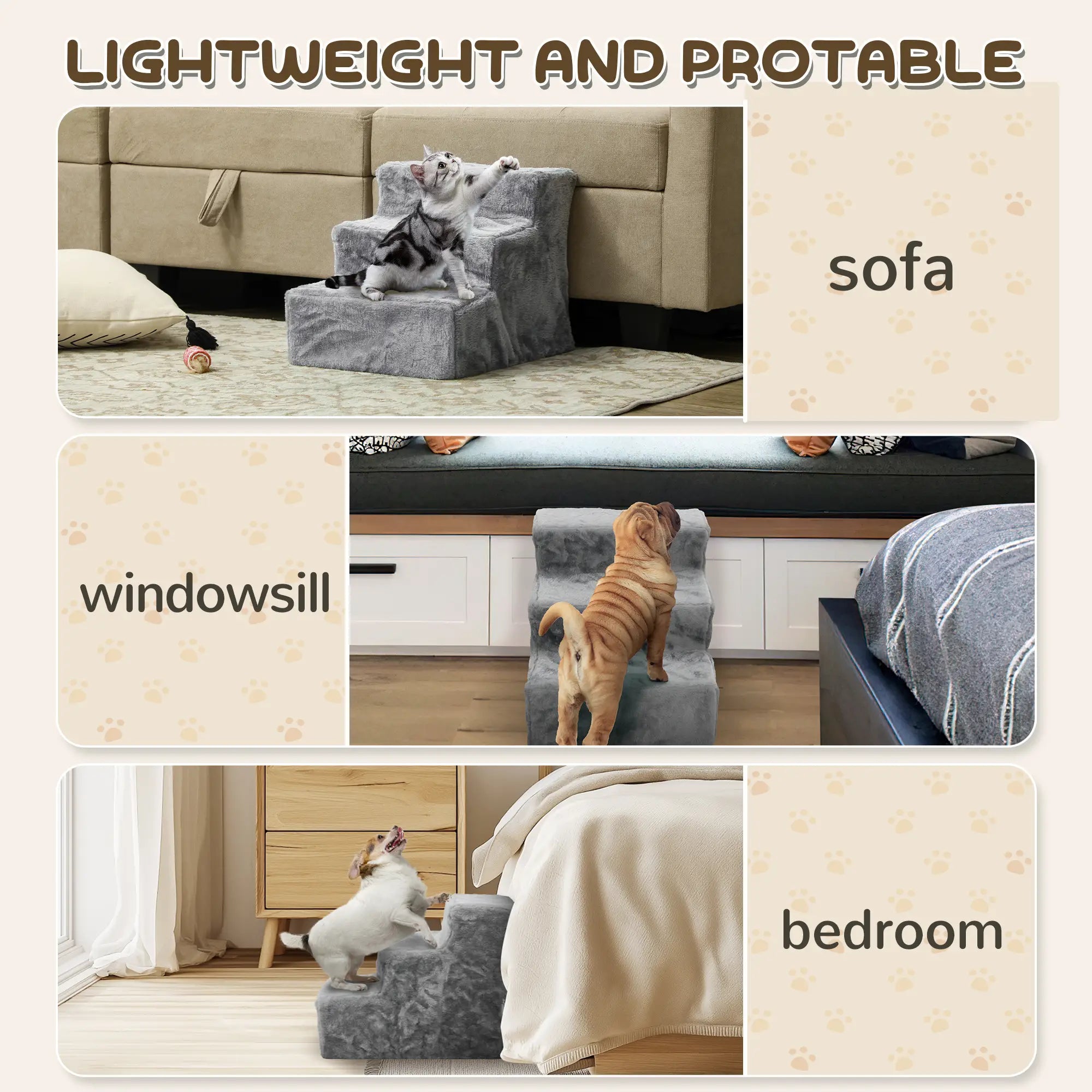3-Step Dog Ramp for Sofa, Bed, Couch, Removable Cover, Light Grey Dog Stairs at Gallery Canada