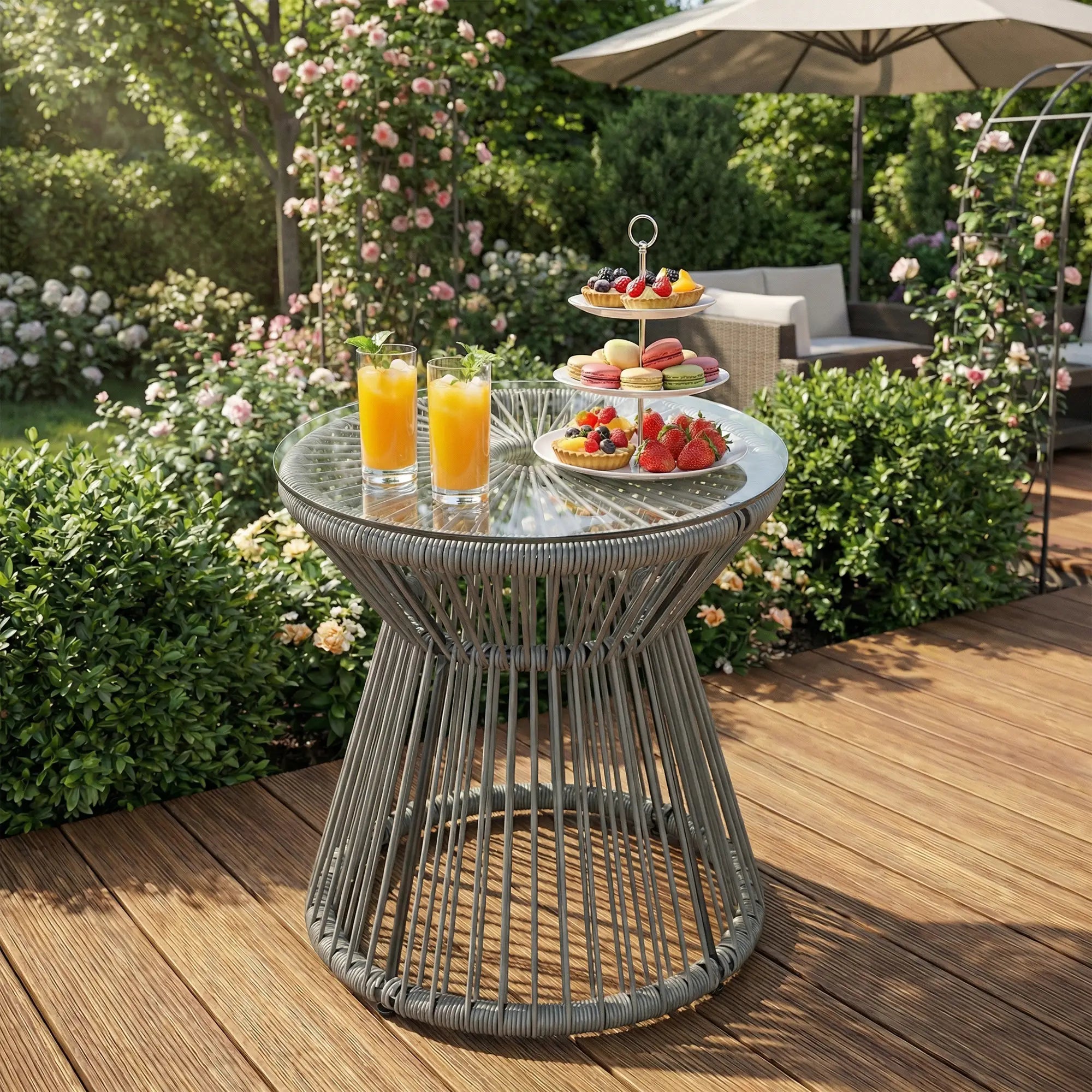 Round Rattan End Table, Hollow Drum Design, Glass Top, Dark Grey Patio Side Tables at Gallery Canada