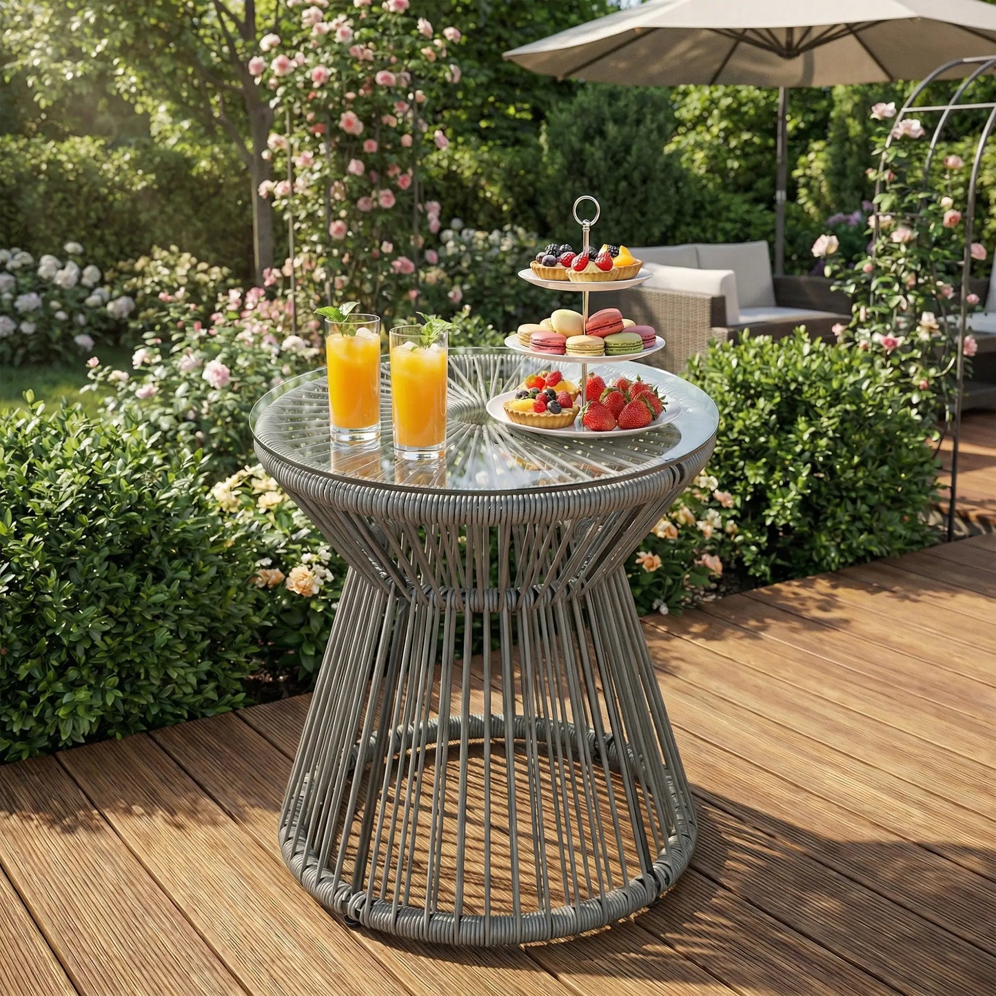 Round Rattan End Table, Hollow Drum Design, Glass Top, Dark Grey Patio Side Tables at Gallery Canada