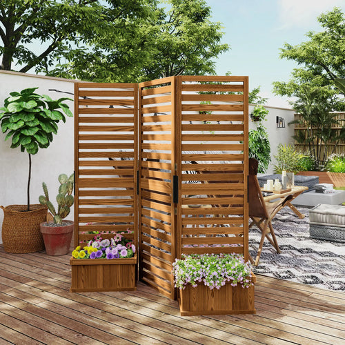 Outdoor Privacy Screen, Wood Panel with 4 Planter Boxes, Raised Bed, 3 Panels