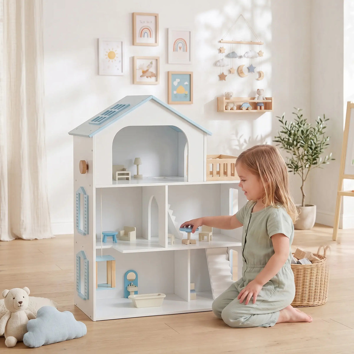 Wooden Doll House with Elevator, 5 Rooms, 13 Accessories, Blue Play Houses at Gallery Canada